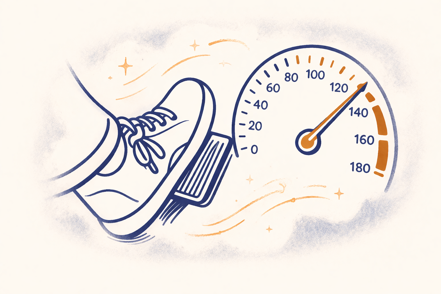 Foot pressing accelerator with speedometer pinned at maximum